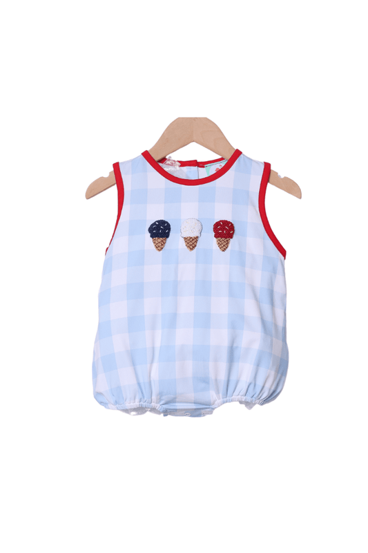 The Smocked Flamingo Apparel & Accessories French Knot Patriotic Ice Cream Blue Gingham Bubble