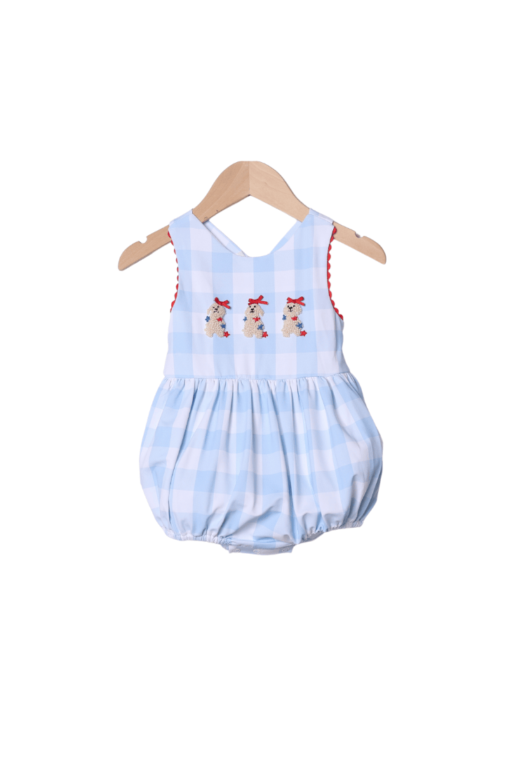 The Smocked Flamingo Apparel & Accessories French Knot Patriotic Puppy Blue Buffalo Check Bow Bubble
