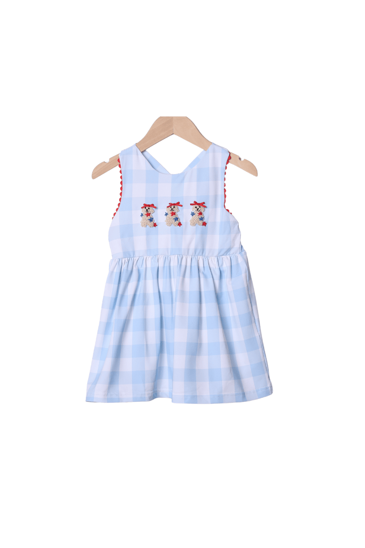 The Smocked Flamingo Apparel & Accessories French Knot Patriotic Puppy Blue Buffalo Check Bow Dress
