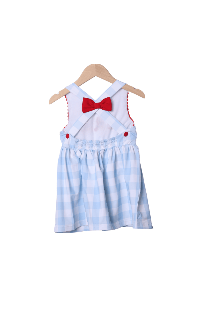 The Smocked Flamingo Apparel & Accessories French Knot Patriotic Puppy Blue Buffalo Check Bow Dress