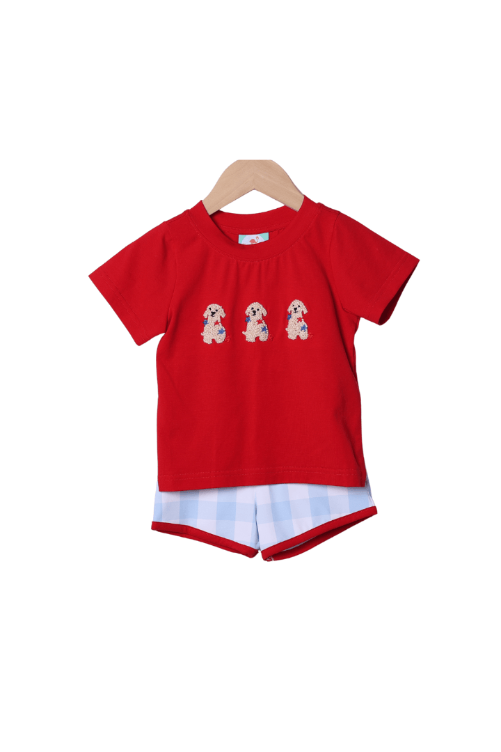 The Smocked Flamingo Apparel & Accessories French Knot Patriotic Puppy Blue Buffalo Check Short Set