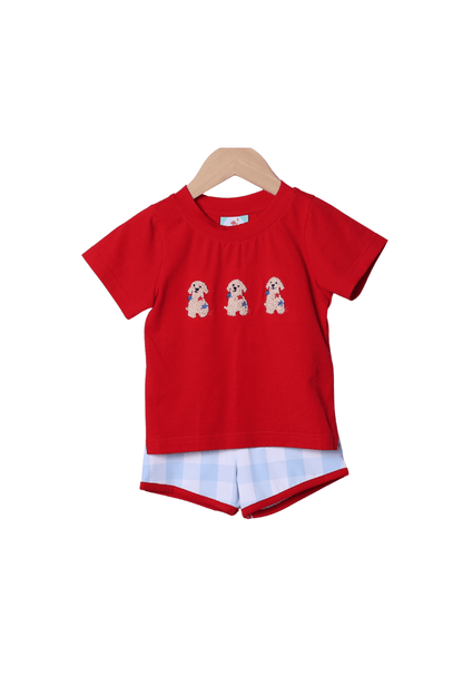 The Smocked Flamingo Apparel & Accessories French Knot Patriotic Puppy Blue Buffalo Check Short Set