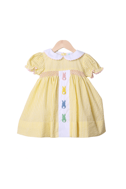 The Smocked Flamingo Apparel & Accessories French Knot Peep Yellow Swiss Dot Dress