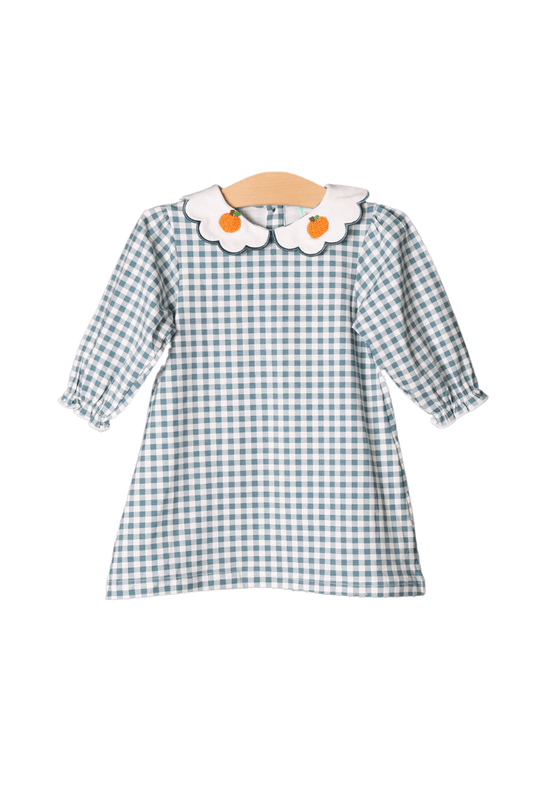 The Smocked Flamingo Apparel & Accessories French Knot Peter Pan Collar Stone Gingham Pumpkin Dress