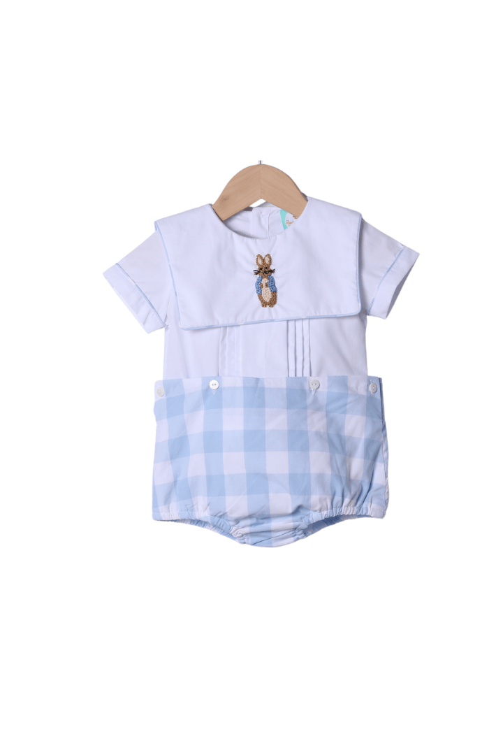 The Smocked Flamingo Apparel & Accessories French Knot Peter Rabbit Blue Buffalo Check Diaper Set