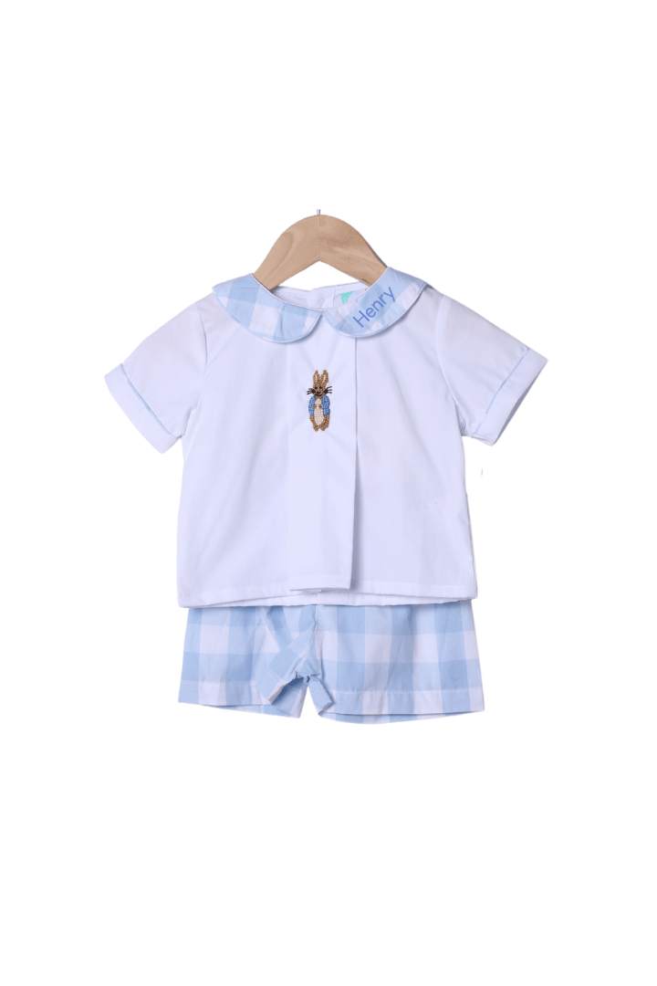 The Smocked Flamingo Apparel & Accessories French Knot Peter Rabbit Blue Buffalo Check Short Set
