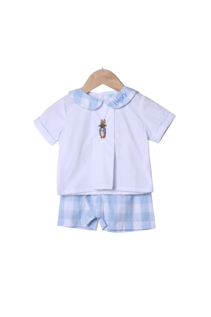 The Smocked Flamingo Apparel & Accessories French Knot Peter Rabbit Blue Buffalo Check Short Set