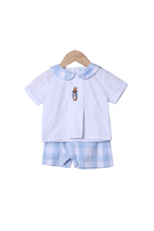 The Smocked Flamingo Apparel & Accessories French Knot Peter Rabbit Blue Buffalo Check Short Set