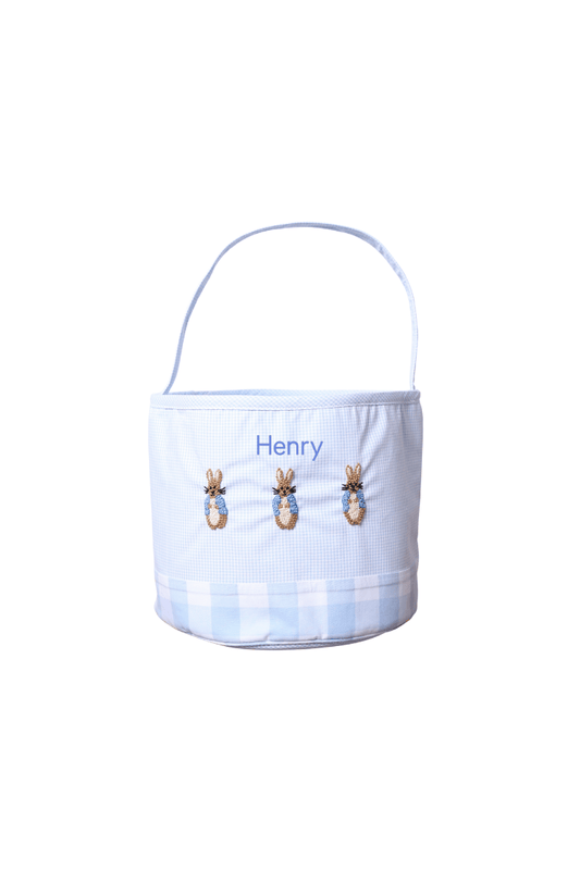 The Smocked Flamingo Apparel & Accessories French Knot Peter Rabbit Blue Check Easter Basket