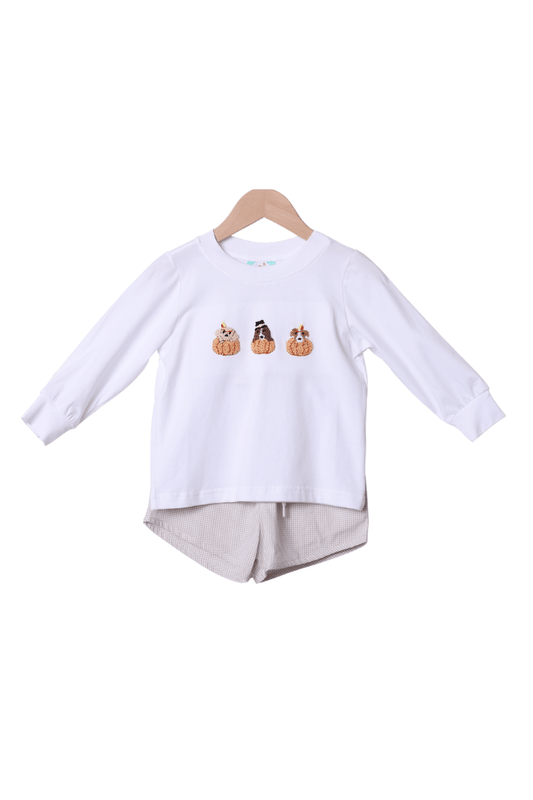The Smocked Flamingo Apparel & Accessories French Knot Pilgrim Puppy Khaki Gingham Short Set