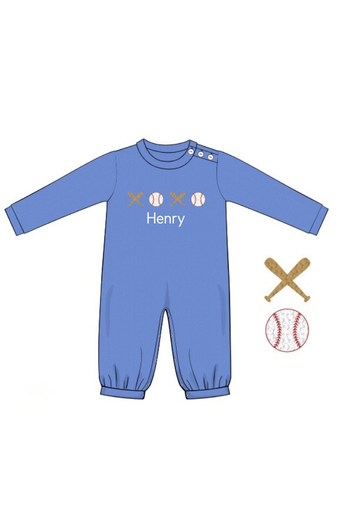 The Smocked Flamingo Apparel & Accessories French Knot Play Ball Blue Cardigan Romper