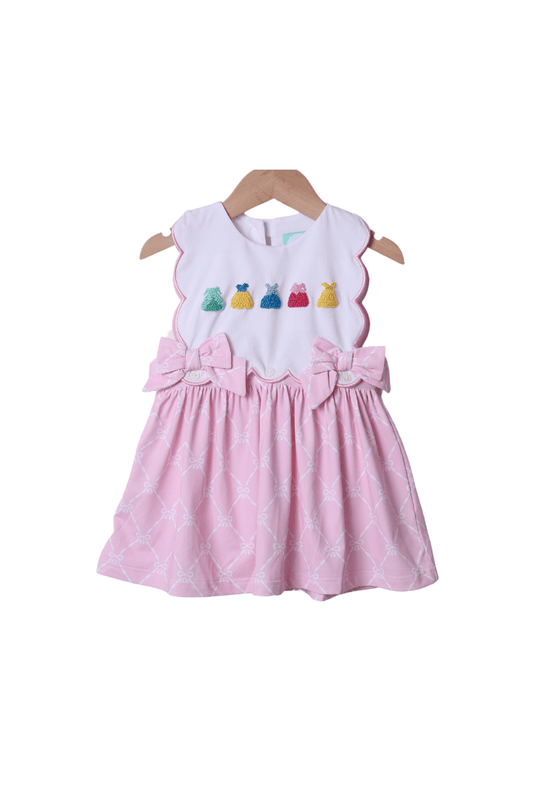 The Smocked Flamingo Apparel & Accessories French Knot Princess Pink Trellis Bow Dress