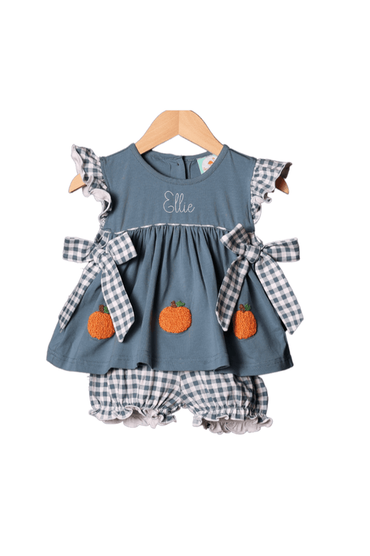 The Smocked Flamingo Apparel & Accessories French Knot Pumpkin Stone Gingham BOW Short Set