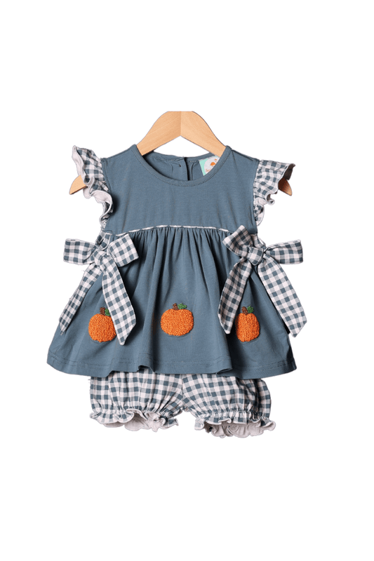 The Smocked Flamingo Apparel & Accessories French Knot Pumpkin Stone Gingham BOW Short Set