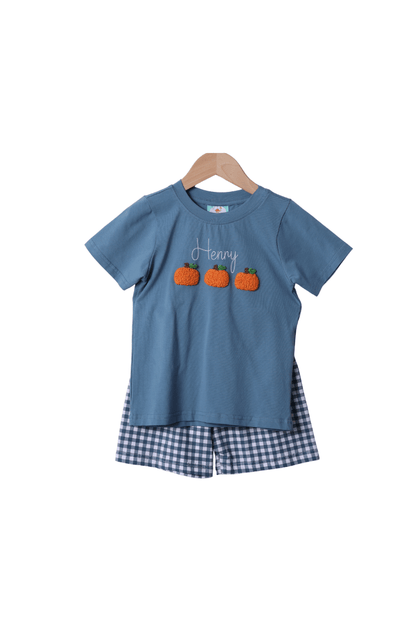 The Smocked Flamingo Apparel & Accessories French Knot Pumpkin Stone Gingham Short Set