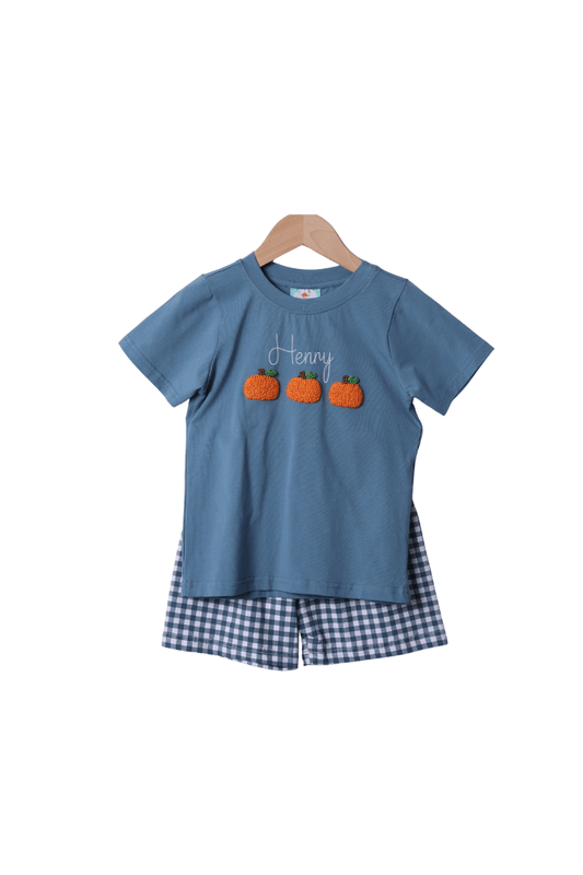 The Smocked Flamingo Apparel & Accessories French Knot Pumpkin Stone Gingham Short Set