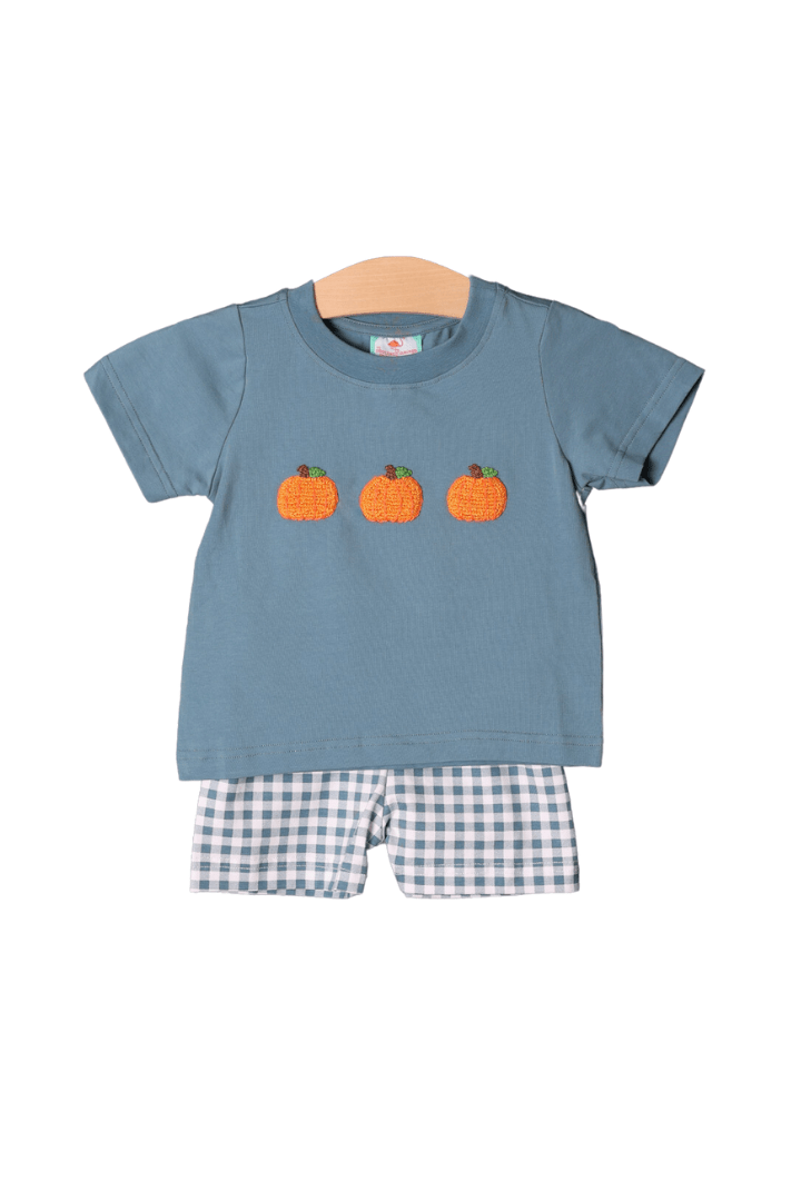 The Smocked Flamingo Apparel & Accessories French Knot Pumpkin Stone Gingham Short Set