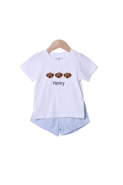 The Smocked Flamingo Apparel & Accessories French Knot Puppy Blue Gingham White Knit Short Set