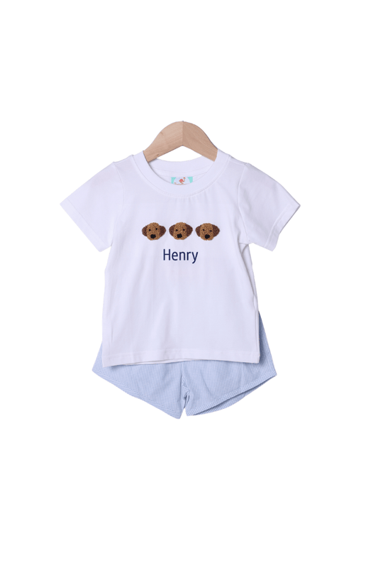 The Smocked Flamingo Apparel & Accessories French Knot Puppy Blue Gingham White Knit Short Set