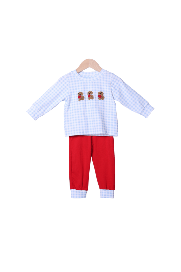 The Smocked Flamingo Apparel & Accessories French Knot Puppy Love Embroidered Blue Gingham Jogger Set
