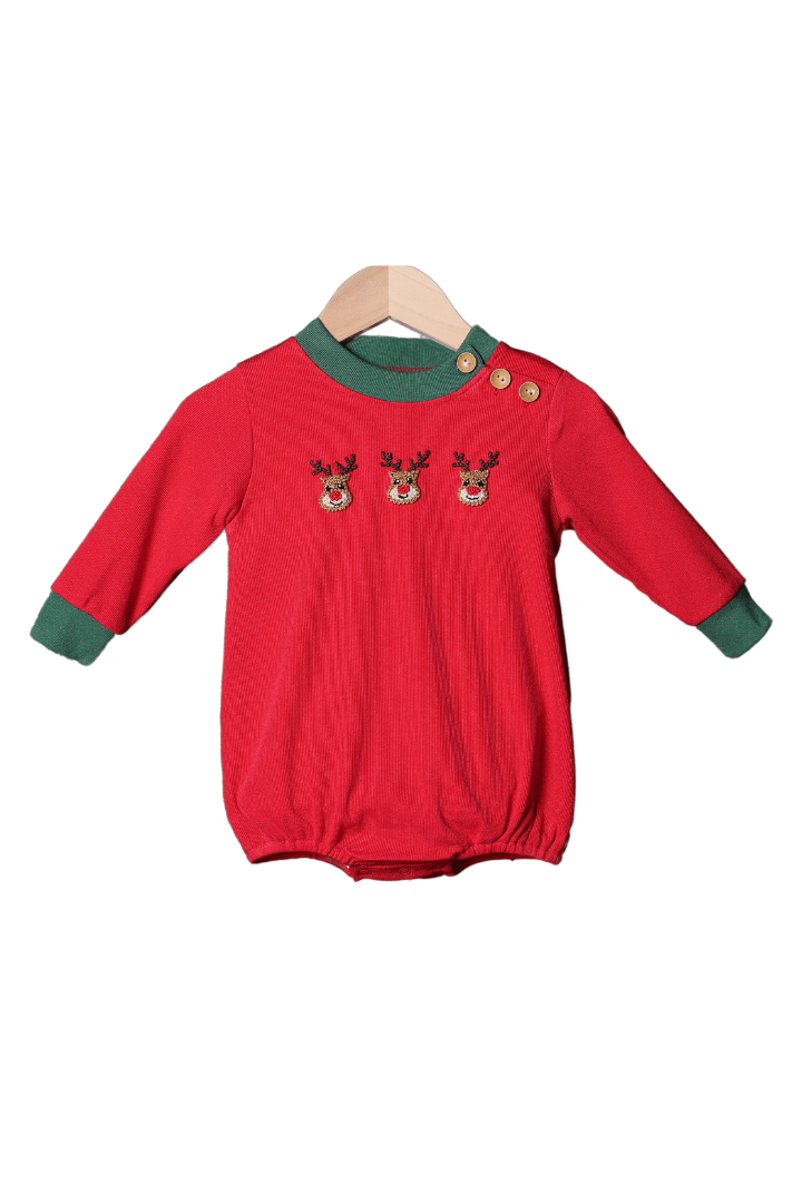 The Smocked Flamingo Apparel & Accessories French Knot Reindeer Red Cardigan Bubble