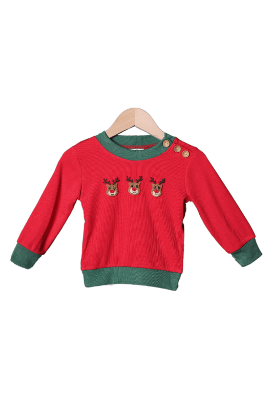 The Smocked Flamingo Apparel & Accessories French Knot Reindeer Red Cardigan Pullover