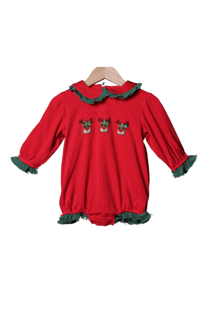 The Smocked Flamingo Apparel & Accessories French Knot Reindeer Red Cardigan Ruffle Bubble