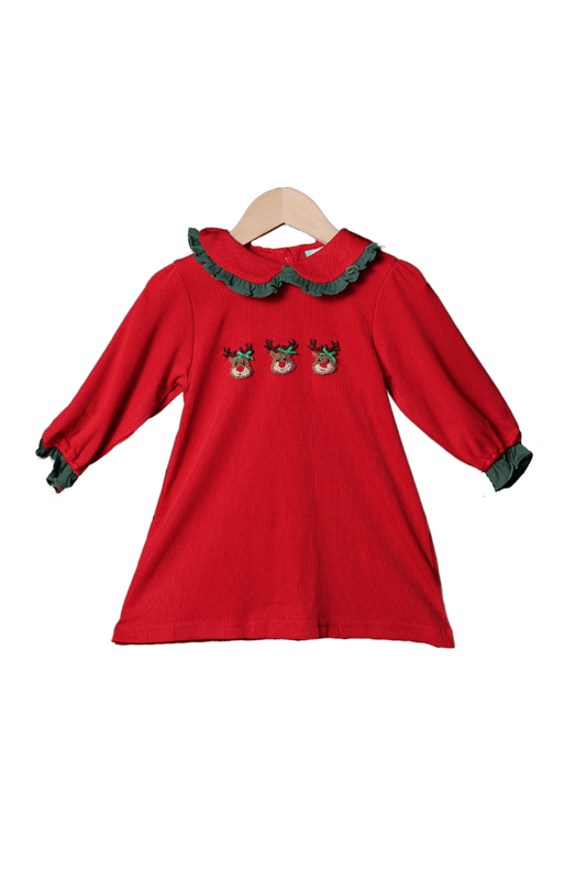 The Smocked Flamingo Apparel & Accessories French Knot Reindeer Red Cardigan Ruffle Dress