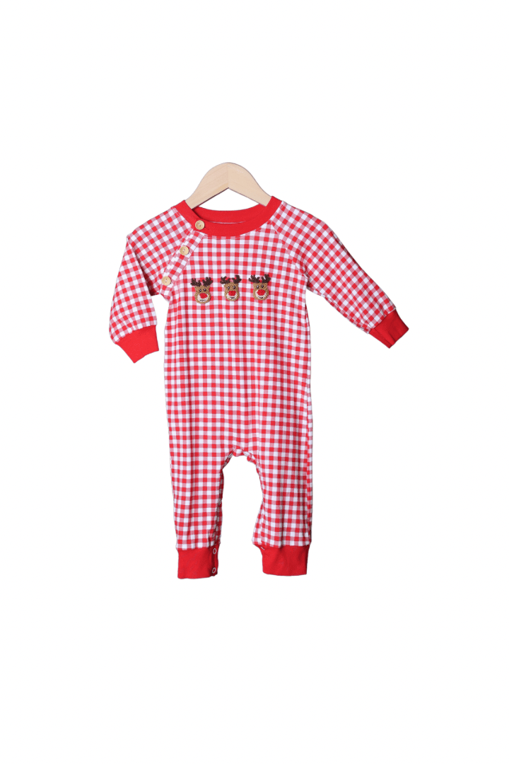 The Smocked Flamingo Apparel & Accessories French Knot Reindeer Red Gingham Knit Romper