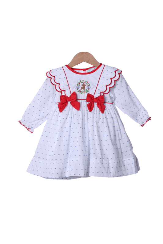 The Smocked Flamingo Apparel & Accessories French Knot Reindeer Swiss Dot Dress