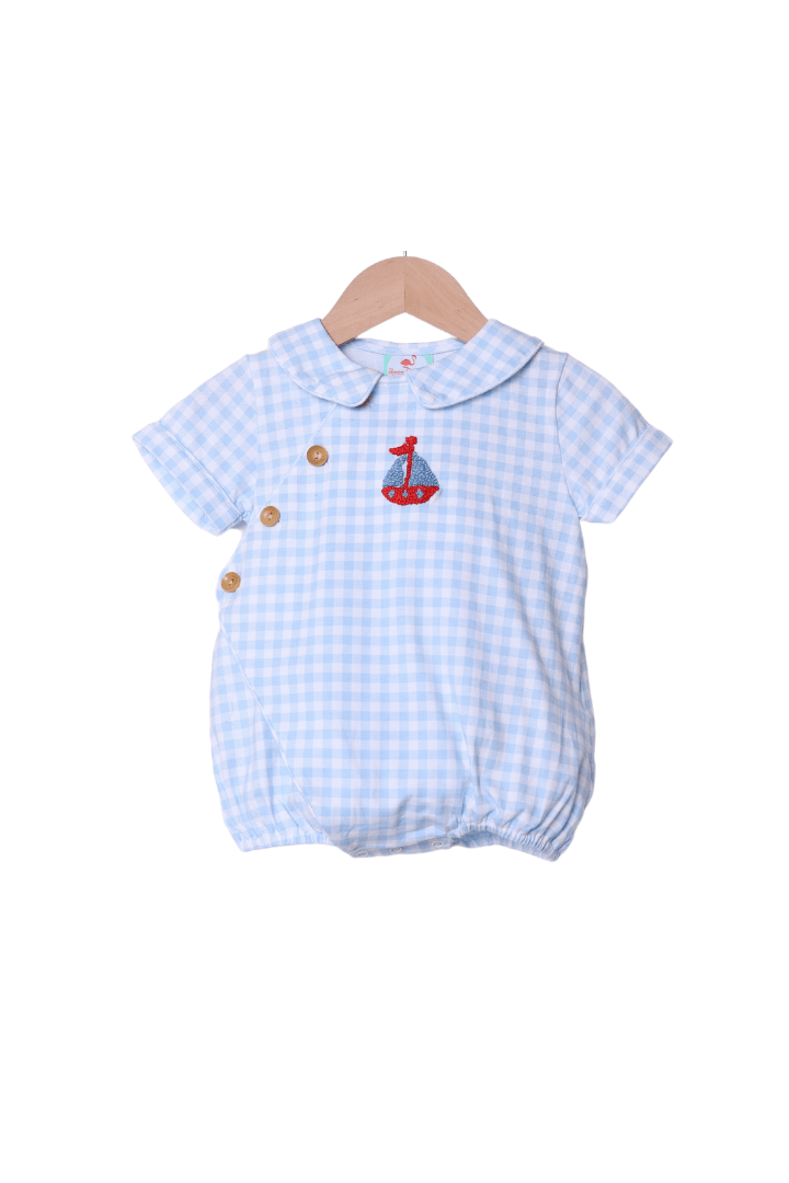 The Smocked Flamingo Apparel & Accessories French Knot Sailboat Blue Gingham Knit Bubble