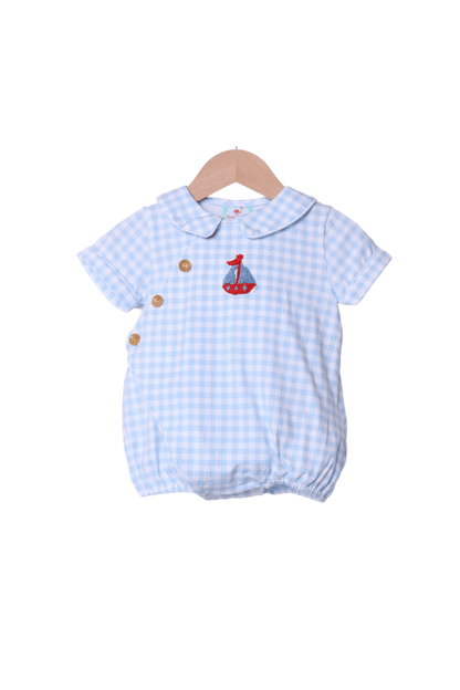 The Smocked Flamingo Apparel & Accessories French Knot Sailboat Blue Gingham Knit Bubble
