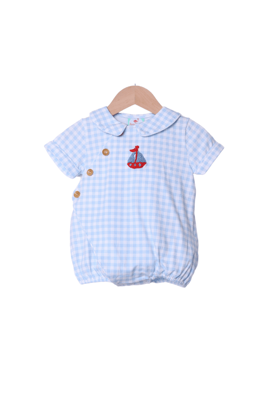 The Smocked Flamingo Apparel & Accessories French Knot Sailboat Blue Gingham Knit Bubble