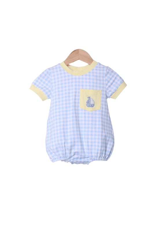 The Smocked Flamingo Apparel & Accessories French Knot Sailboat Blue Gingham/Yellow Bubble