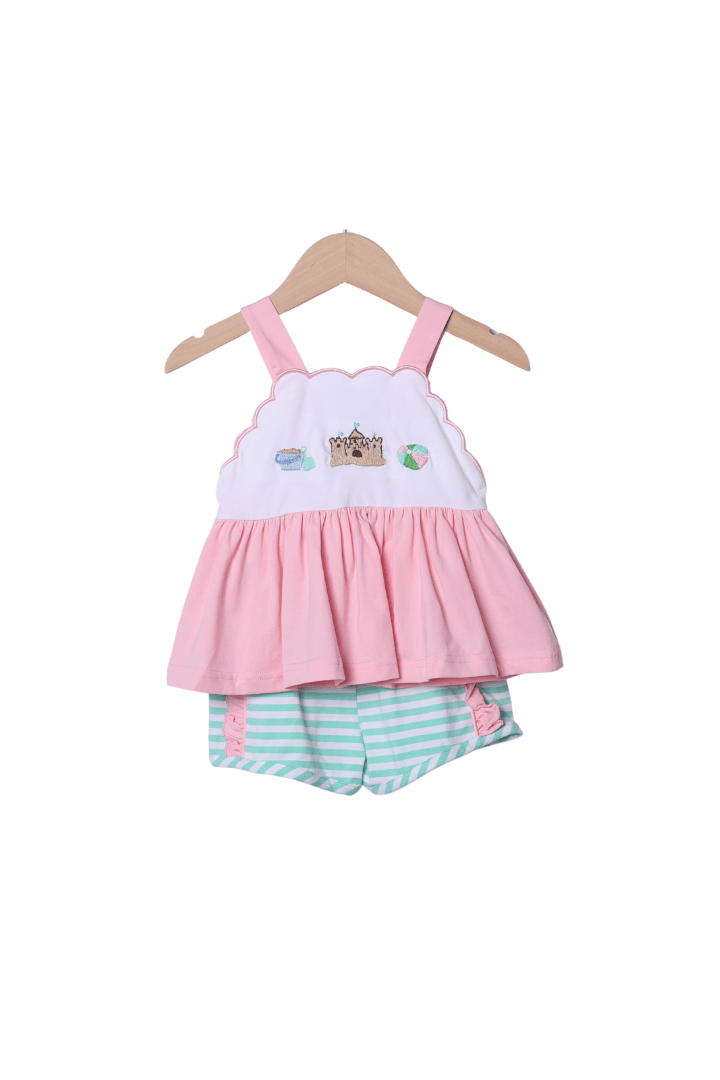 The Smocked Flamingo Apparel & Accessories French Knot Sand Castle Fun Mint/Pink Stripe Short Set