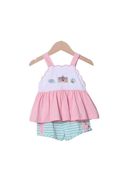 The Smocked Flamingo Apparel & Accessories French Knot Sand Castle Fun Mint/Pink Stripe Short Set
