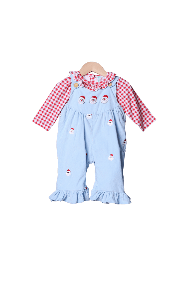 The Smocked Flamingo Apparel & Accessories French Knot Santa Blue Corduroy/Red Gingham Knit Romper