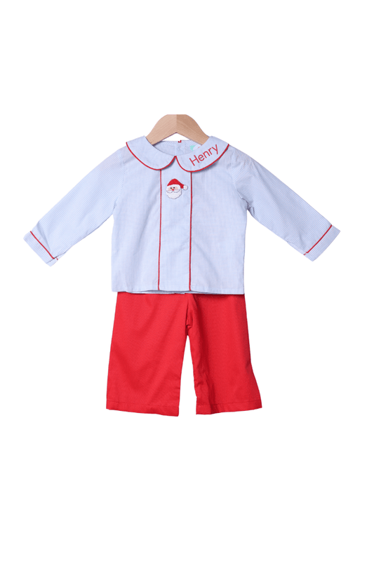 The Smocked Flamingo Apparel & Accessories French Knot Santa Blue Gingham Pant Set