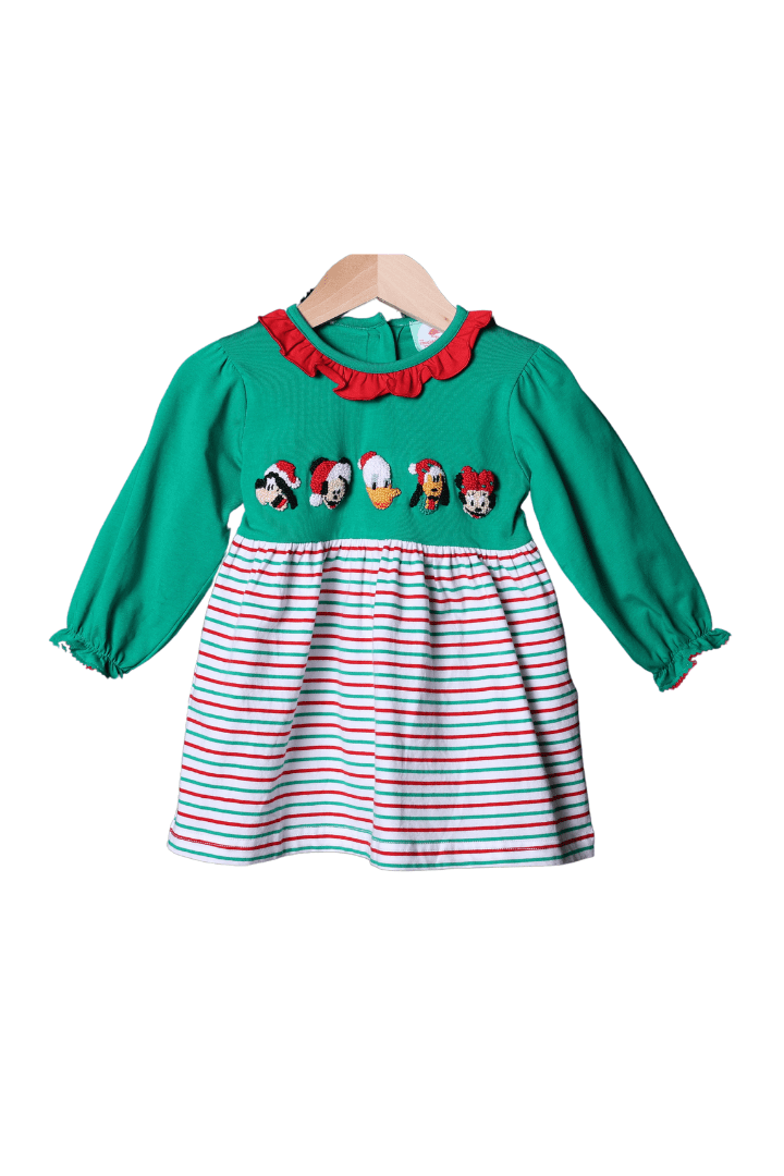 The Smocked Flamingo Apparel & Accessories French Knot Santa Mouse Friends Stripe Ruffle Dress