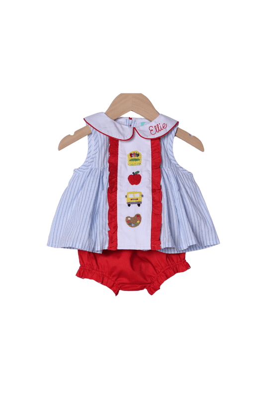 The Smocked Flamingo Apparel & Accessories French Knot School Blue Pinstripe Red Ruffle Bloomer Set