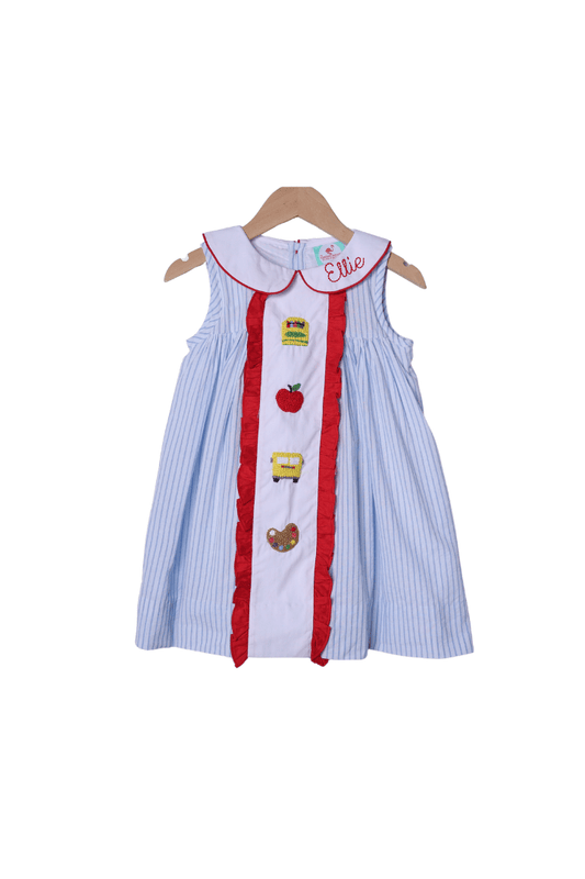 The Smocked Flamingo Apparel & Accessories French Knot School Blue Pinstripe Red Ruffle Dress