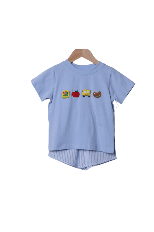 The Smocked Flamingo Apparel & Accessories French Knot School Blue Pinstripe Short Set