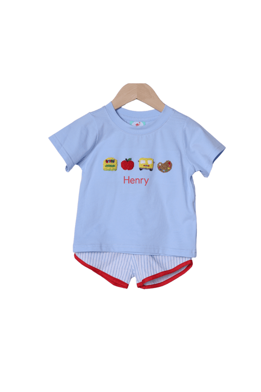 The Smocked Flamingo Apparel & Accessories French Knot School Supplies Blue Pinstripe Short Set
