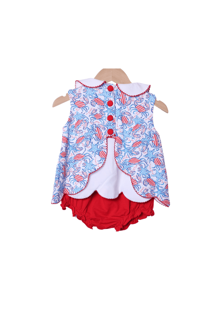 The Smocked Flamingo Apparel & Accessories French Knot Starfish and Crab Red and Blue Bloomer Set
