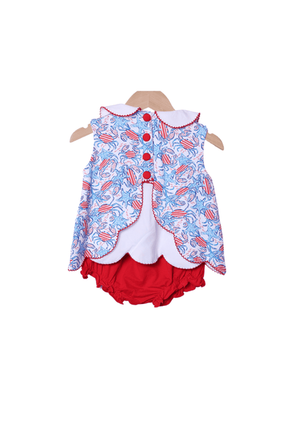 The Smocked Flamingo Apparel & Accessories French Knot Starfish and Crab Red and Blue Bloomer Set