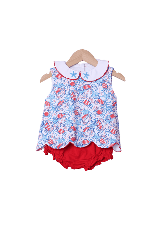The Smocked Flamingo Apparel & Accessories French Knot Starfish and Crab Red and Blue Bloomer Set
