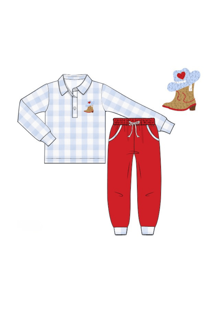 The Smocked Flamingo Apparel & Accessories French Knot Sweet Cowboy Boots Blue Buffalo Check Jogger Set