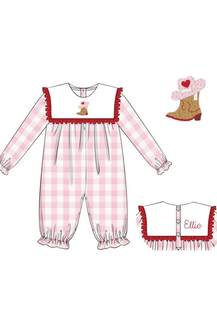 The Smocked Flamingo Apparel & Accessories French Knot Sweet Cowgirl Boots Pink Buffalo Check Romper