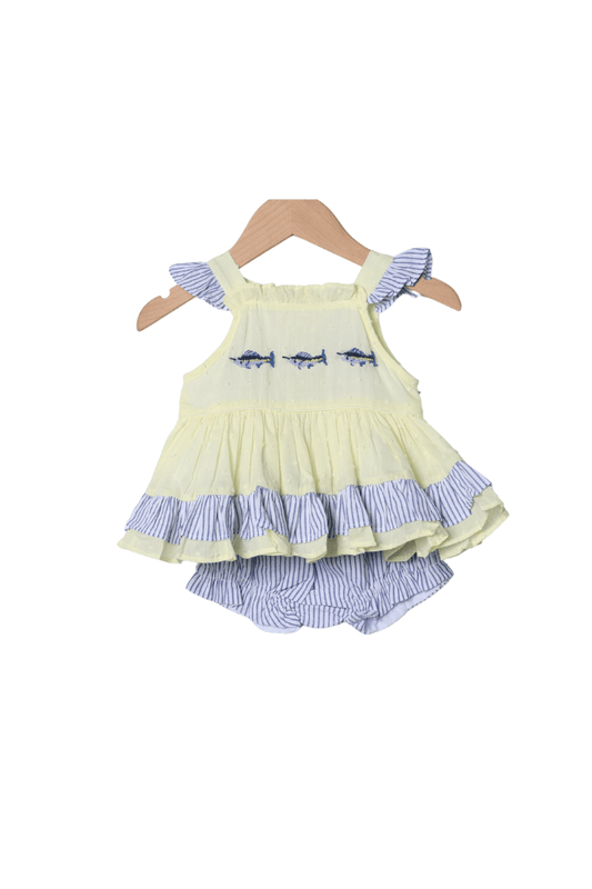 The Smocked Flamingo Apparel & Accessories French Knot Swordfish Yellow/Navy Bloomer Set