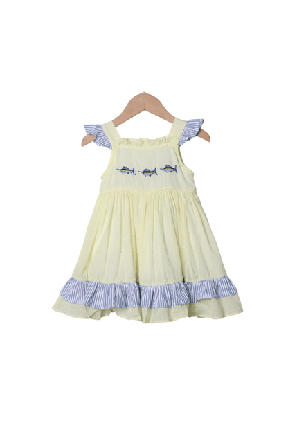 The Smocked Flamingo Apparel & Accessories French Knot Swordfish Yellow/Navy Dress